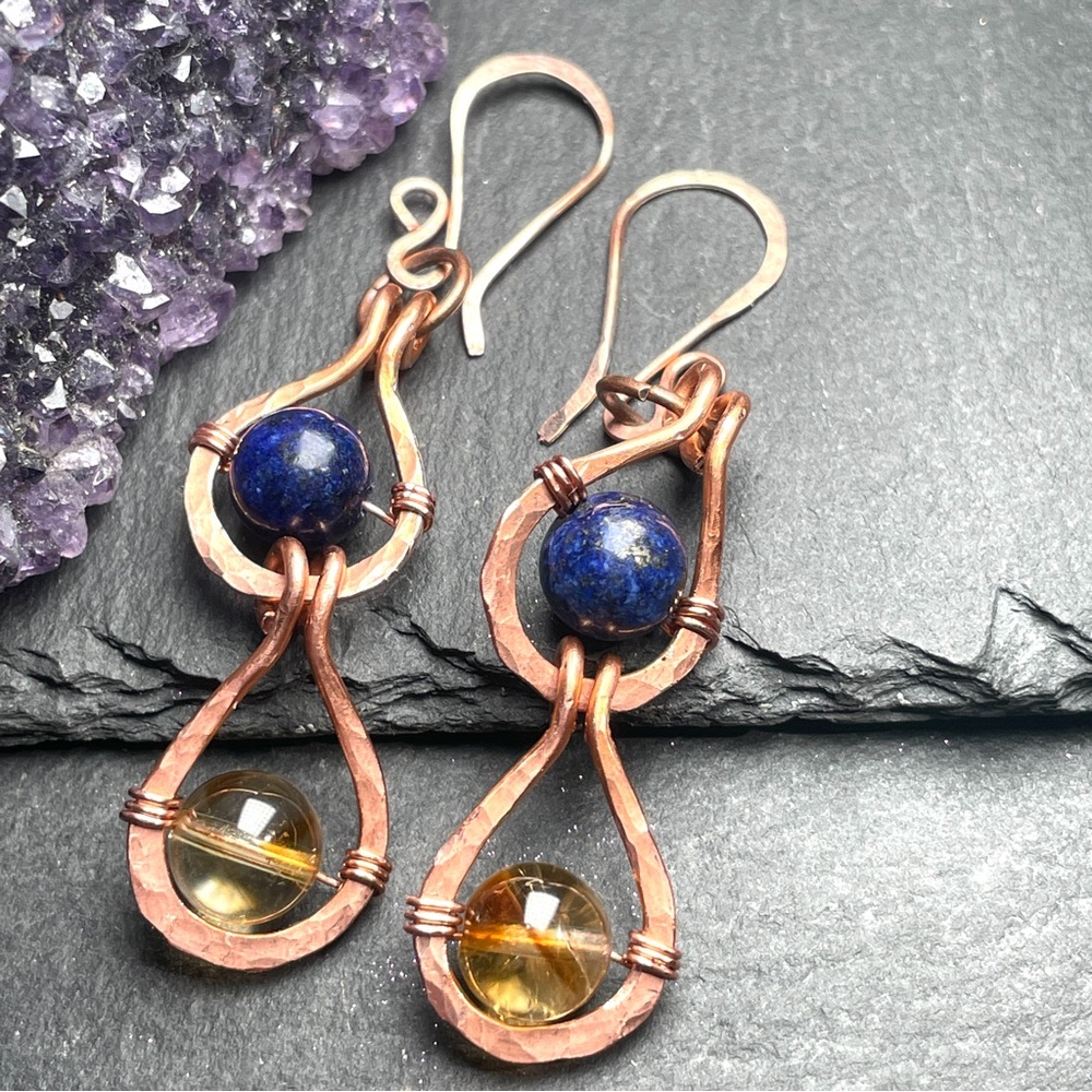Citrine And and Blue Lapiz Lazuli Gemstone Copper Boho Artisan Earrings - Picture 6 of 11